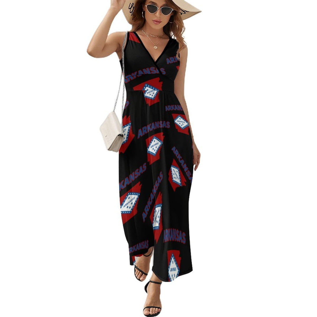 Robe longue d'été sans manches à col en V pour femme, motif drapeau de l'Arkansas, style décontracté