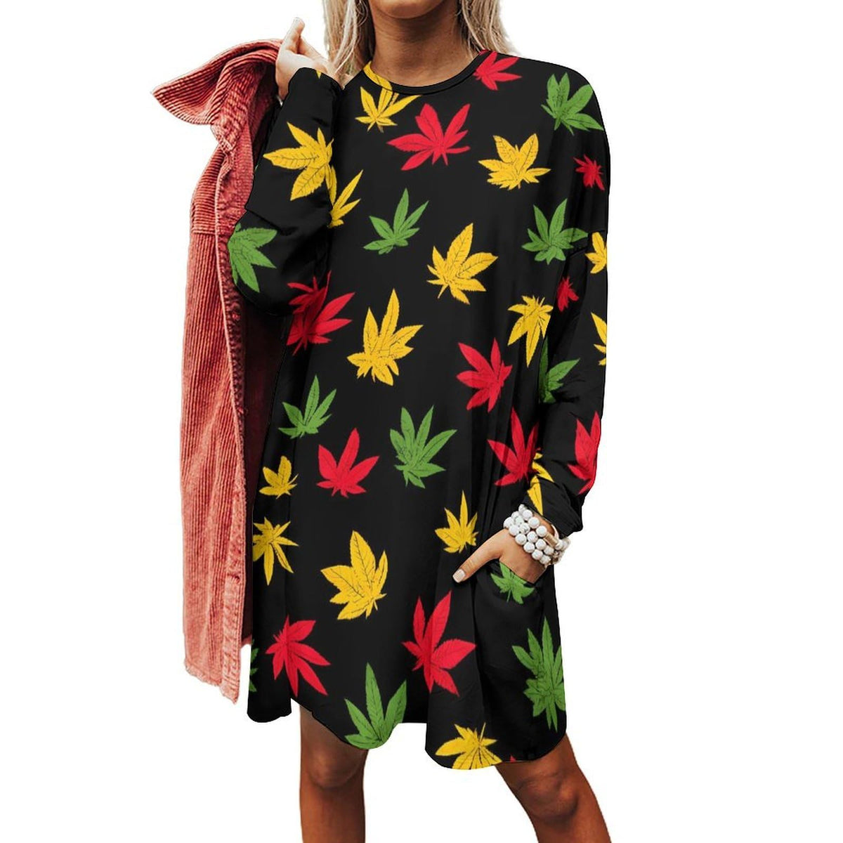 chemise oversize à manches longues et poches, imprimée de feuilles de cannabis jamaïcaines, col rond et manches longues