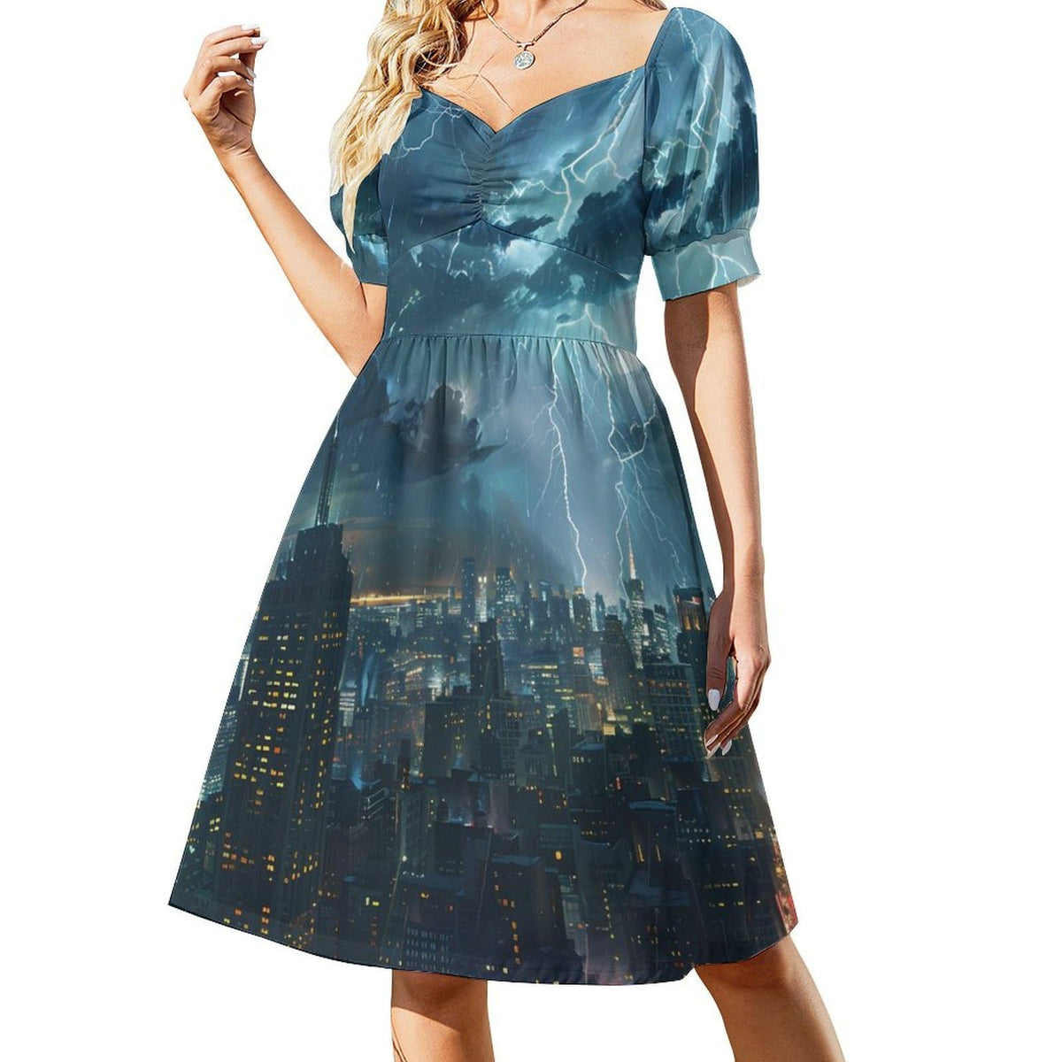 Robe d'été à manches courtes et col en V pour femme, style évasé, motif orage et ville nocturne.