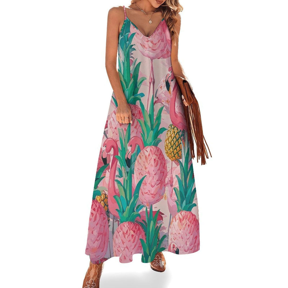 Robe longue maxi ananas flamant rose pour femme, décontractée, fluide, idéale pour l'été, les cérémonies et les mariages.